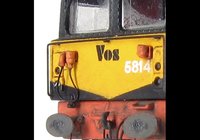 A picture of 5814 Full respray into Vos Logistics livery with modifications for European running. Headlight added to cab and modified lighting with extra light added and top light blanked off. Detailed buffer beam at one end. Renumbered, pommels added to nose end handrails. Finer nose handrails and MU sockets. Small nose side grills added and driver fitted