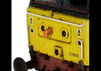 A picture of 57008 with moulded roof grills replaced with etched fan and grills, renumbered, driver, moulded front handrails replaced with wire including pommels, body lowered, detailed battery box, pipe on nose, etched nameplates, detailed buffer beam at one end, semi detailed buffer beam at coupling end and finer ariels.