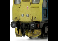 A picture of 24132 conversion to a plated over end door version with centre headlights, battery box modification with shorter tank, body side steps plated over and new side door, detailed buffer beam at one end with semi detailed beam at coupling end, renumbered, weatherised headcode panel, tablet catcher, etched workplates, etched 3D roof grill with fan, snowploughs, speedo cable, fuel cap moved and boiler grill blanking plate replaced with correct kind.