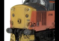 A picture of 37516 with full respray into Loadhaul unbranded livery including faded paint. Other details include bogie modification to reduce gap between body and bogies, moulded roof grill replaced with 3D etched fan and grill, finer aerial, speedo cable added, round buffers at one end, driver, renumbered, detailed buffer beam at one end with semi detailed at coupling end and snowploughs.