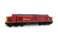 A picture of 37670 with full respray into DB Schenker livery. Other details include bogie modification to reduce gap between body and bogies, moulded roof grill replaced with 3D etched fan and grill, finer aerial, speedo cable added, rectangular buffers, driver, renumbered, detailed buffer beam at one end with semi detailed at coupling end, battery box modification, etched nameplates and snowploughs.