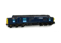 A picture of 37038 with full respray into DRS livery with boiler ports plated over. Other details include bogie modification to reduce gap between body and bogies, moulded roof grill replaced with 3D etched fan and grill, finer aerial, speedo cable added, etched air horn covers and different headcode surrounds, driver, renumbered, detailed buffer beam at one end with semi detailed at coupling end.