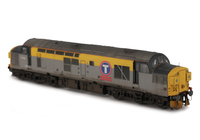 A picture of 37043 with modification of boiler access panel and steps plated over and semi respray of  bands to correct faded shades. Other details include bogie modification to reduce gap between body and bogies, relivery to Transrail, etched headcode surrounds and air horn covers, moulded roof grill replaced with 3D etched fan and grill, renumbered, one set of windows plated over on either side, finer aerials, detailed buffer beam and semi detailed at coupling end, driver and speedo cable added..