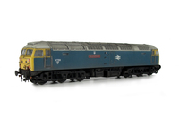 A picture of 47709 with full respray to BR Blue and shown on a lowered chassis. Details include: etched nameplates, battery box modification, etches and wire cables added to nose, aerials removed and smoothed over, renumbered, detailed buffer beam at one end and semi detailed at coupler end, moulded nose handrails replaced with wire including pommels and nose catch added.