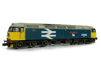A picture of 47593 on lowered chassis. Details include: close to ex works condition, renumbered, snowploughs, arrows moved to correct position, black window edging extended as per prototype, semi detailed buffer beam at both ends, moulded nose handrails replaced with wire including pommels and nose catch added.