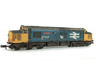 A picture of 37412 Details include bogie modification to reduce gap between body and bogies, faded paintwork, cantrail added, moulded roof grill replaced with 3D etched fan and grill, etched plates, aerial removed, speedo cable added, renumbered, livery modification with black headcodes and semi detailed buffer beam at both ends. 