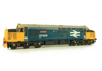 A picture of 37409 in ex works DRS large logo livery with bodyside window plated over with partial respray. Details include bogie modification to reduce gap between body and bogies, moulded roof grill replaced with 3D etched fan and grill, finer aerial, speedo cable added, driver, cantrail, kick plates, detailed buffer beam at one end and semi detailed at coupling end, 3D cap on nose with glass/white headcode dots, etched nameplates and snowploughs.