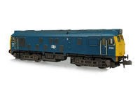 A picture of D5166 conversion from a class 24 to a class 25 with headcode box and plated over nose end doors. Other details include: battery box modification with no water tanks, body side steps plated over, semi detailed buffer beam at both ends, renumbered, etched workplates, etched 3D roof grill with fan, snowploughs, speedo cable, fuel cap moved and livery adjustments.