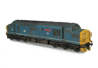 A picture of 37043 with conversion to a cutaway buffer beam version and semi respray with white stripe. Modifications include; etched headcode covers, renumbered, bogie modification to reduce gap between body and bogies, moulded roof grill replaced with 3D etched fan and grill, speedo cable, etched work plates, detailed buffer beam and semi detailed at coupling end, snowploughs, buffers changed and etched nameplates.