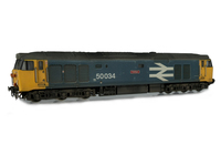 A picture of 50034 Added details include: renumbered. distressed paintwork, etched nameplates,  painted cab interior, driver, speedo cable added, moulded roof grills replaced with 3D fan and grill and detailed buffer beam.
