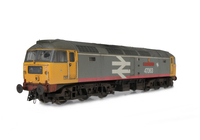 A picture of 47363 with livery modifications of red and white stripe added, detailed buffer beam at one end, moulded nose handrails replaced with wire, body lowered, driver fitted, nose catch and etched nameplates.