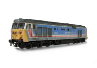 A picture of 50032 With livery modifications of thicker white cantrail stripe, black front window surrounds and white extension to cab windows. Added details include: very faded and dilapidated condition, renumbered, etched nameplates, painted cab interior, speedo cable added, mu socket replaced, moulded roof grills replaced with 3D fan and grill, driver, detailed buffer beam and semi detailed at coupling end.