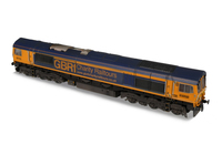 A picture of 66782 with full respray to GBRF livery, renumbered, driver, detailed buffer beam at one end and front end handrails replaced with wire and pommels added.