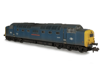 A picture of D9016 with full respray to BR Blue, Other details include: renumbered, air horns added, headcodes changed, etched work plates, finer nose end handrails, semi detailed buffer beam at both ends, bogie modification to reduce gap between body and bogies, etched nameplates and speedo cable added.