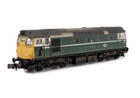 A picture of D5349 with full respray into BR Green with special effects of body scars. Brass buffers added, snowploughs, token catcher recess, etched windscreen wipers, boiler access panel taken off and smoothed over, etched work plates, moulded roof grill replaced with 3D etched fan and grill, modified battery box, renumbered, headcode changed with glass like cover, speedo cable, nose end rubber window surrounds thinned down, nose end footsteps, extended bar across nose, side cab window surrounds smoothed over and semi detailed buffer beam at both ends.