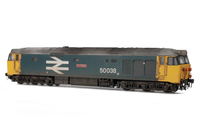 A picture of 50038  Added details include: painted cab interior, driver, etched nameplates, speedo cable, mu cables replaced, roof repainted to lighter shade of grey,  moulded roof grills replaced with 3D fan and grill and headcodes cleaned up.