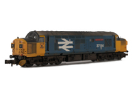 A picture of 37114 with modification of nose end to end door version with adjusted livery modifications, Other details include bogie modification to reduce gap between body and bogies, aerial removed, nose end headlight added, etched nameplates, etched headcode surrounds and air horn covers, renumbered, semi detailed buffer beam at both ends and snowploughs added.