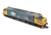 A picture of 37425 with full respray into Large Logo livery. Other details include: bogie modification to reduce gap between body and bogies, aerial taken off, black headcode panels, cantrail, snowploughs, moulded roof grill replaced with 3D etched fan and grill, speedo cable added, semi detailed buffer beam at both ends and etched nameplates fitted.