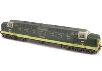 A picture of D9009 Details include: etched work plates, later warning flashes, cantrail, headlight added, finer nose end handrails, driver, detailed buffer beam at one end and semi detailed at coupling end, bogie modification to reduce gap between body and bogies, roof grills replaced with much finer 3D etched versions, etched nameplates and speedo cable added.