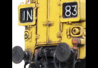 A picture of D6754 Double detailed buffer beam at one end.  Renumbered, Etched headcode surrounds and air horn covers.  Faded body.  Bogie modification to reduce gap between top of bogies and body. Change of headcodes and modified so that they sit flusher to the front of the glass, respray of nose into full yellow ends, frost grills and driver fitted. 