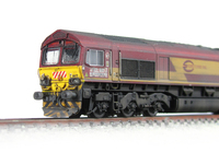 A picture of 66191 converted to a Euro 66 with modified snowploughs, renumbered, detailed buffer beam at one end and front end handrails replaced with wire and pommels added.