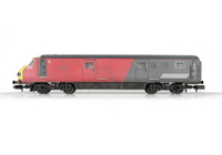 A picture of DVT 82101 representing the DVT once it had been de-branded and in a rather tatty state with faded paintwork and special effects representing paint peeling and area where nameplates were removed. Other details include semi detailed buffer beam, renumbered, semi respray for livery modifications and driver fitted. 
