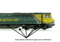 A picture of 70003 with detailed buffer beam at one end and semi detailed at coupling end, snowploughs mounted on cab, driver fitted, long pipe added to underframe, short pipes to the sandboxes and a multitude of extra detail added to the top of the bogie frames and bottom of the running plate.