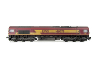 A picture of 66075 with faded paintwork. Moulded front handrails replaced with wire versions including pommels, springs added to bogie frames, front lashing eyes removed and moved, moulded steps below doors replaced with wire versions, moulded roof grill replaced with etched version including pipes under the mesh, renumbered, detailed buffer beam at one end and semi detailed at coupling end, coupling converted to NEM version, driver fitted and wing mirrors added